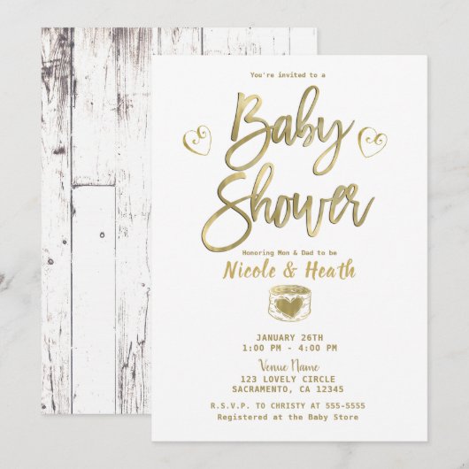 Rustisch White Barn Wood Chic Gold Baby shower Kaart (Voorkant / Achterkant)