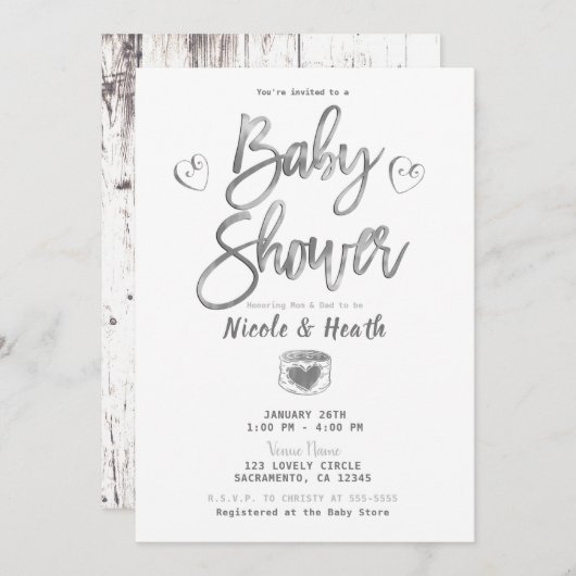 Rustisch White Barn Wood Silver Baby shower Kaart (Voorkant / Achterkant)