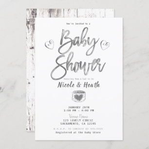 Rustisch White Barn Wood Silver Baby shower Kaart