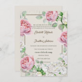 Rustisch wit hout en roze rozen huwelijk kaart (Voorkant / Achterkant)