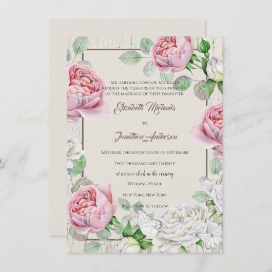 Rustisch wit hout en  roze rozen huwelijk kaart (Voorkant / Achterkant)