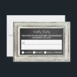 Rustisch wit Lijst en Chalkboard Wedding Collectie RSVP Kaartje<br><div class="desc">Eenvoudig, maar elegant, het rustige witte lijst & het collectie van het kartonnen bruiloft is een verbluffend ontwerp met prachtig wit rustisch lijst op een schalkbordeffect achtergrond, dat perfect is voor elke rustige bruiloft. Deze RSVP-kaarten kunnen voor uw speciale gelegenheid worden gepersonaliseerd en maken de perfecte antwoordkaart voor uw bruiloft,...</div>