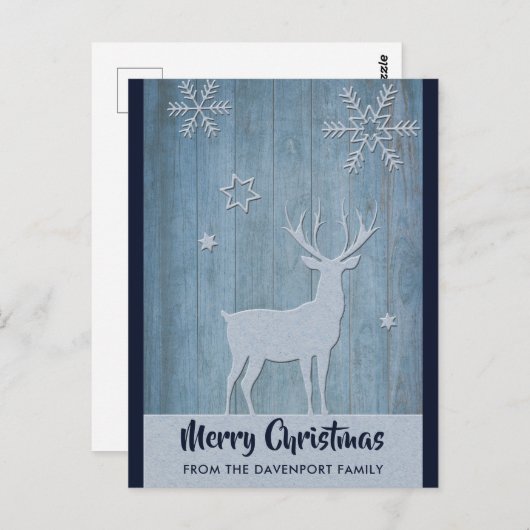 Rustisch Wood Blue Reindeer Country Kerstmis Briefkaart (Voorkant / Achterkant)
