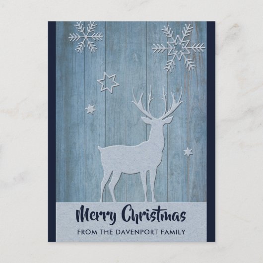 Rustisch Wood Blue Reindeer Country Kerstmis Briefkaart (Voorkant)