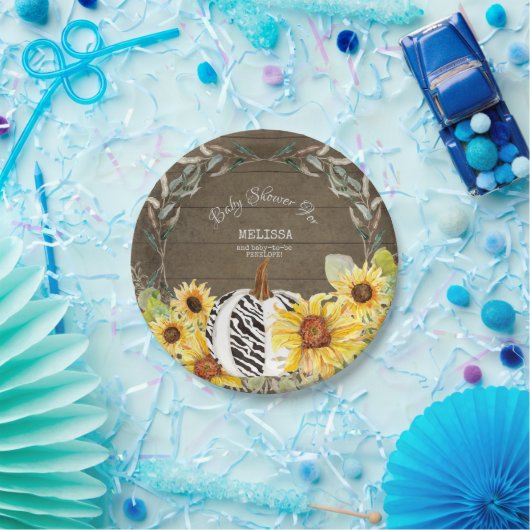 Rustisch Zebra White Pumpkin Sunflower Baby shower Papieren Bordje (Feest)
