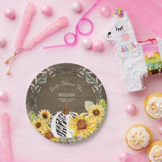 Rustisch Zebra White Pumpkin Sunflower Baby shower Papieren Bordje (Feest)