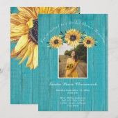 Rustisch Zonnebloem Blauwgroen Hout Wedding Vrijge Kaart (Voorkant / Achterkant)