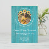 Rustisch Zonnebloem Blauwgroen Hout Wedding Vrijge Kaart (Staand voorkant)