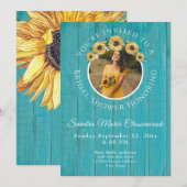 Rustisch Zonnebloem Blauwgroen Hout Wedding Vrijge Kaart (Voorkant / Achterkant)