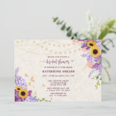 Rustisch Zonnebloem Lila Beige Linnen Vrijgezellen Kaart (Staand voorkant)