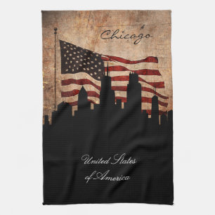 Rustische Amerikaanse vlag Chicago Skyline Theedoek