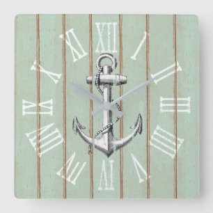Rustische Anchor en hout Elegant Nautical Vierkante Klok