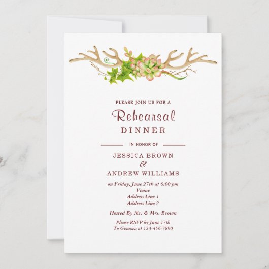Rustische Antlers & Wildbloemen Rehearsal Dinner Kaart (Voorkant)