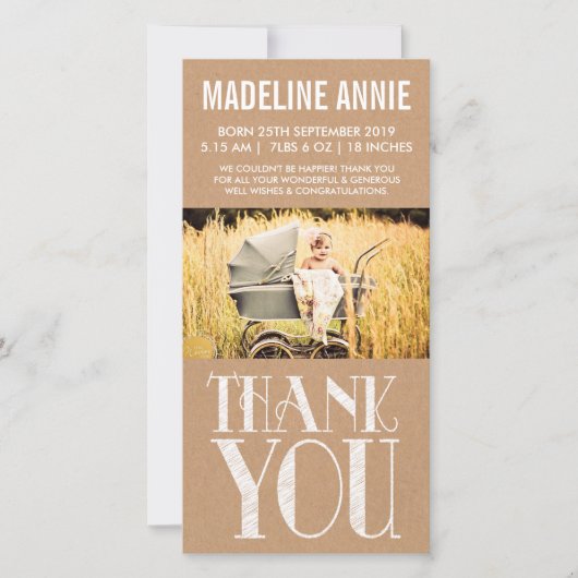 Rustische  Baby geboorte Foto Bedankkaart (Voorkant)