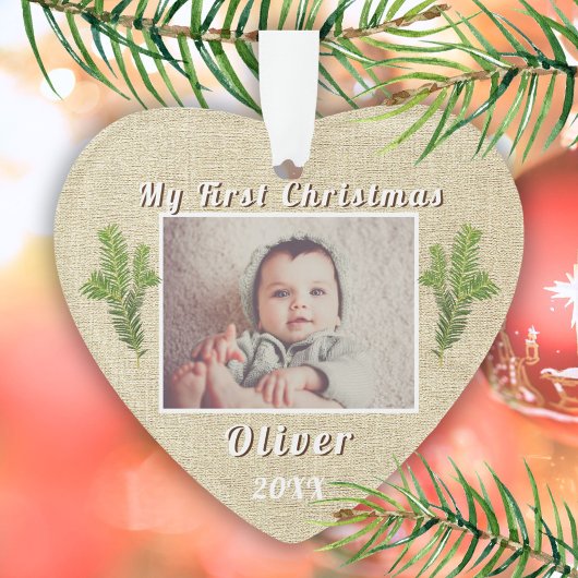 Rustische Baby`s Eerste Kerst Foto Ornament