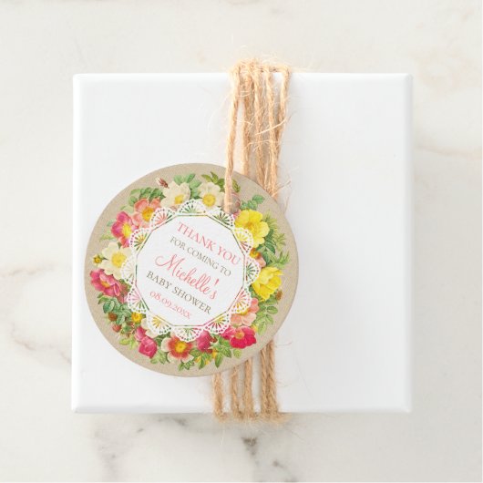 Rustische Baby shower  Floral Wreath Linen Bedankjes Labels (In situ)