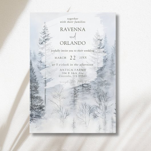 Rustische besneeuwde bergwaterverfwedding kaart