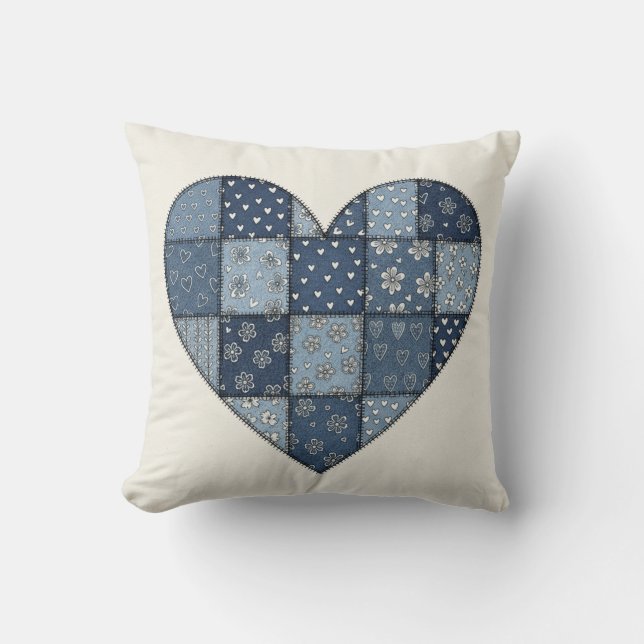Rustische Blauwe Denim Patchwork Hart Illustratie Kussen (Voorkant)