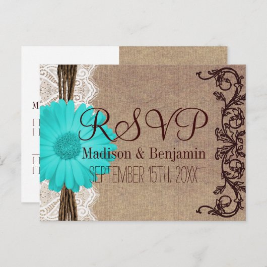 Rustische Blauwgroen Gerber Daisy Lace RSVP BRIEFK Uitnodiging Briefkaart (Voorkant / Achterkant)
