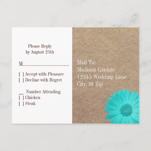 Rustische Blauwgroen Gerber Daisy Lace RSVP BRIEFK Uitnodiging Briefkaart (Achterkant)