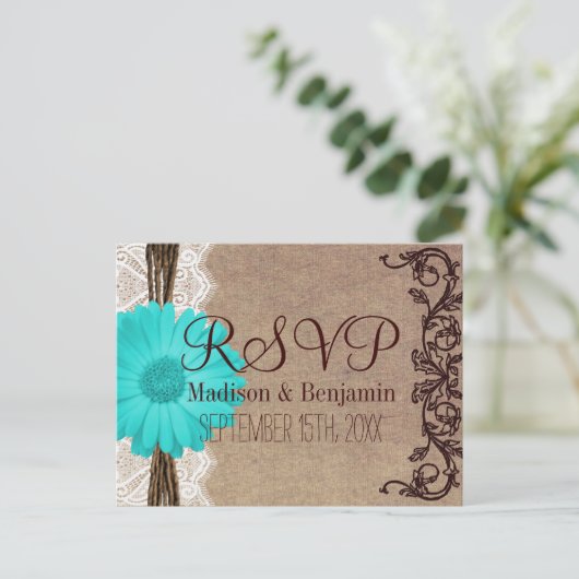 Rustische Blauwgroen Gerber Daisy Lace RSVP BRIEFK Uitnodiging Briefkaart (Staand voorkant)
