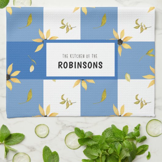 Rustische boerderij blauw gingham, monogrammen theedoek (Gevouwen)