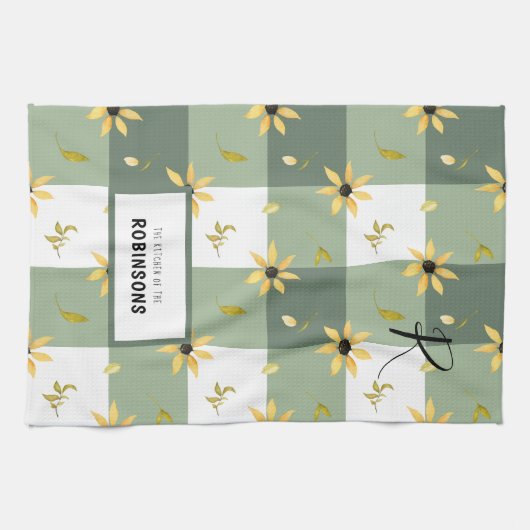 Rustische boerderij, groene gingham, monogrammen theedoek (Horizontaal)