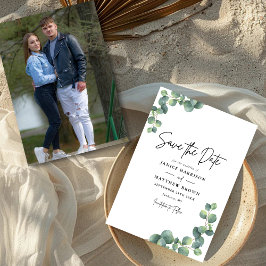 Rustische botanische eucalyptus groen foto bruilof save the date