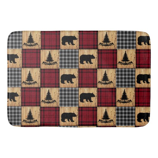 Rustische buffelcontrole Beren Bomen Rood Rood Zwa Badmat (Voorkant)