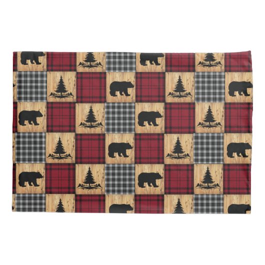 Rustische buffelcontrole Beren Bomen Rood Rood Zwa Kussensloop (Achterkant)