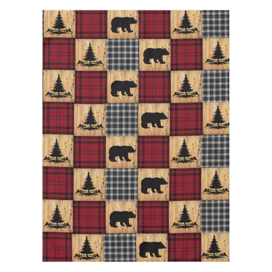 Rustische buffelcontrole Beren Bomen Rood Rood Zwa Tafelkleed (Voorkant)