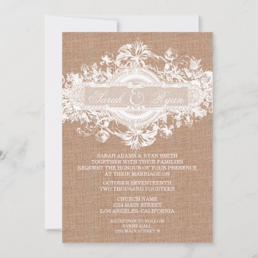 RUSTISCHE BURLAP  FLOWER WEDDING INVITATION KAART (Voorkant)