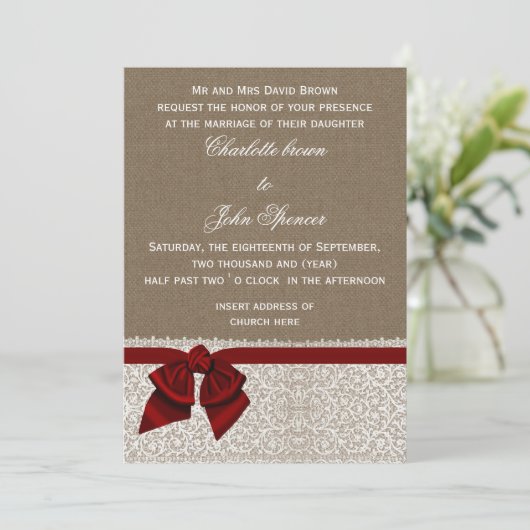 Rustische burlap Red Wedding Kaart (Staand voorkant)