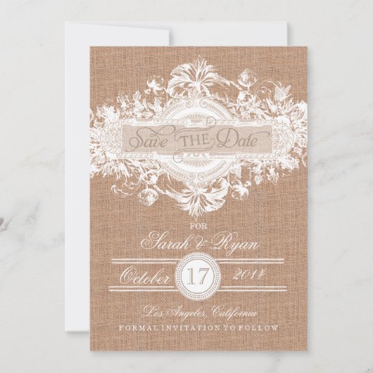 RUSTISCHE BURLAP  STROOM BEWAREN DE DATUM SAVE THE DATE (Voorkant)