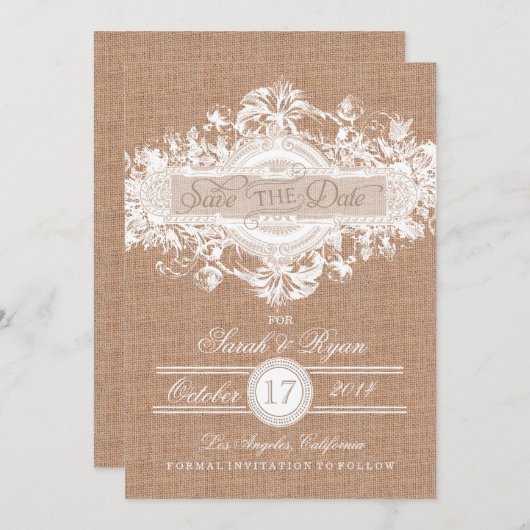 RUSTISCHE BURLAP STROOM BEWAREN DE DATUM SAVE THE DATE (Voorkant / Achterkant)