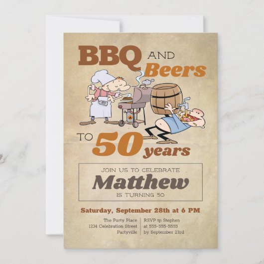 Rustische Cartoon BBQ en bier 50e verjaardag Kaart (Voorkant)
