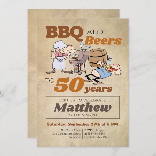 Rustische Cartoon BBQ en bier 50e verjaardag Kaart (Voorkant / Achterkant)