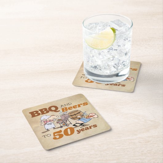 Rustische Cartoon BBQ en bier 50e verjaardag Kartonnen Onderzetters (Insitu)