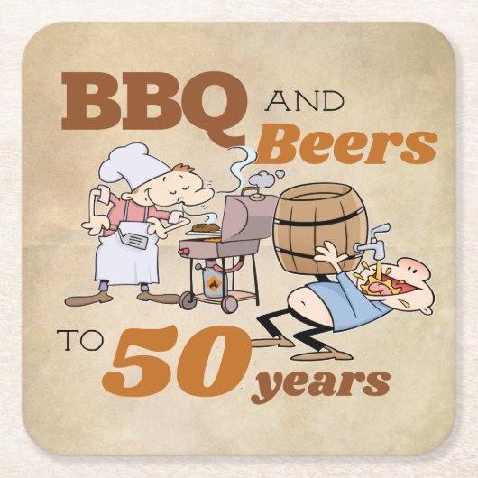 Rustische Cartoon BBQ en bier 50e verjaardag Kartonnen Onderzetters (Voorkant)