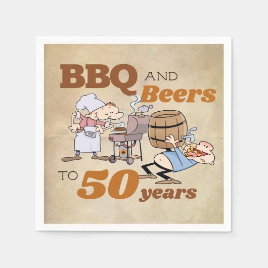 Rustische Cartoon BBQ en bier 50e verjaardag Servet (Voorkant)