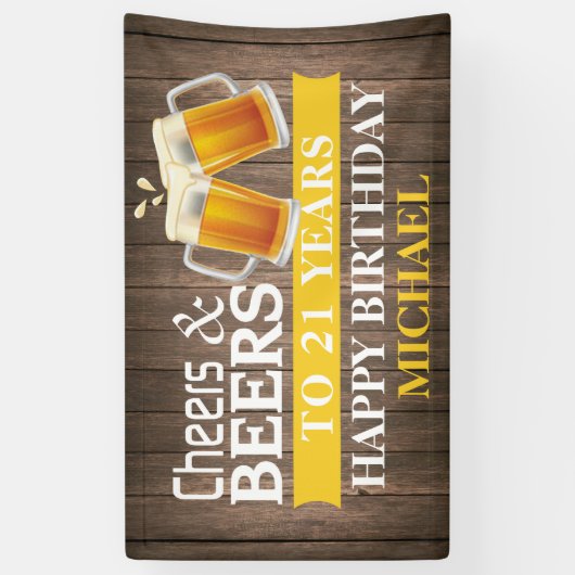 Rustische Cheers and Beers Happy 21st Birthday Yel Spandoek (Verticaal)