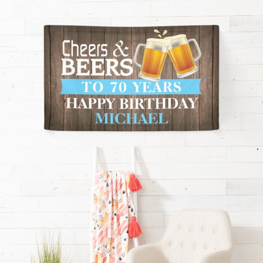 Rustische Cheers en Beers Happy 70th Birthday Blue Spandoek (Insitu)