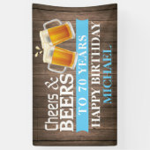 Rustische Cheers en Beers Happy 70th Birthday Blue Spandoek (Verticaal)