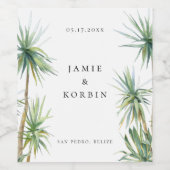 Rustische eilandpalmboomstrandbruiloft wijn etiket (Enkel label)