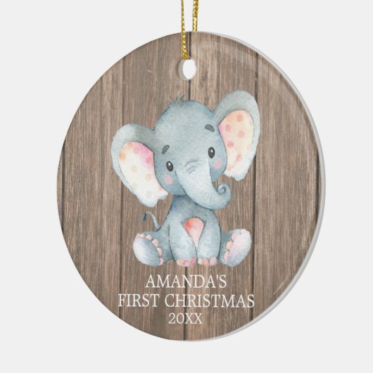 Rustische Elephant-Baby eerste kerst Keramisch Ornament (Links)