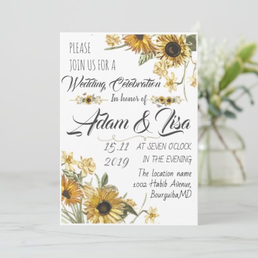 Rustische en Elegant Yellow Sunflower bruiloft Kaart (Staand voorkant)