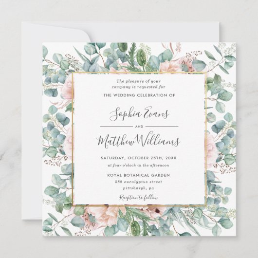 Rustische eucalyptus Blush Dusty Pink Floral Weddi Kaart (Voorkant)