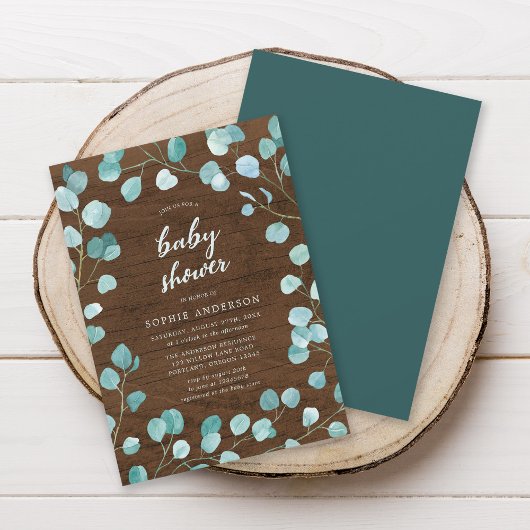 Rustische eucalyptus en bruin Baby shower van hout Kaart