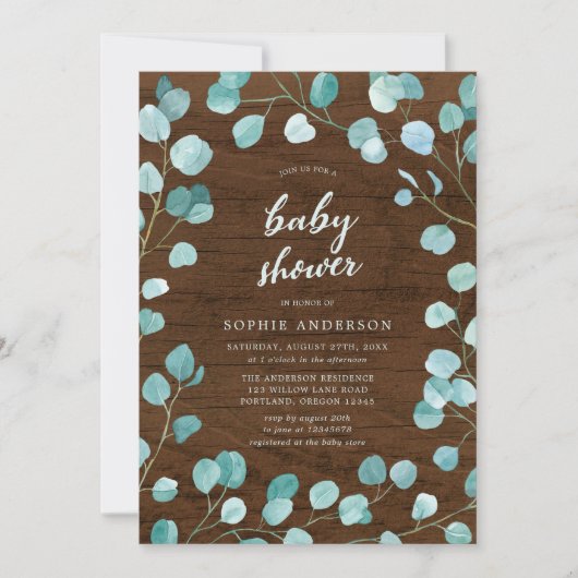 Rustische eucalyptus en bruin Baby shower van hout Kaart (Voorkant)