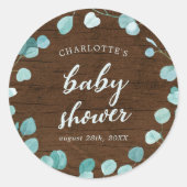 Rustische eucalyptus en bruin Baby shower van hout Ronde Sticker (Voorkant)